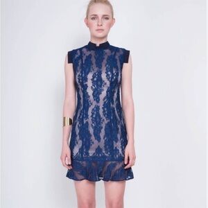 Aijek Wonderment Blue Lace Cap Sleeve Ruffle Cocktail Mini Dress Size 10